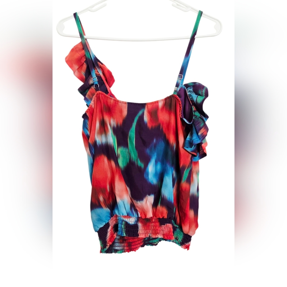 VTG Y2K Bebe Silk Ruffle Camisole Blouse Multicolor Sleeveless Top S Resort Glam